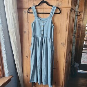 100% Linen Blue Button-Front Midi Dress